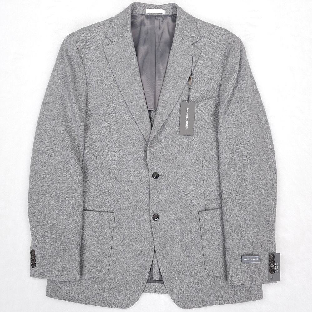 Michael Kors Mens Classic Fit Sport Coat 44L Light Grey Herringbone Stretch NWT